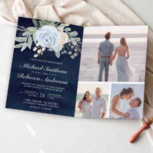 Invitation Mariage bleu poussiéreux avec code QR floral et ma