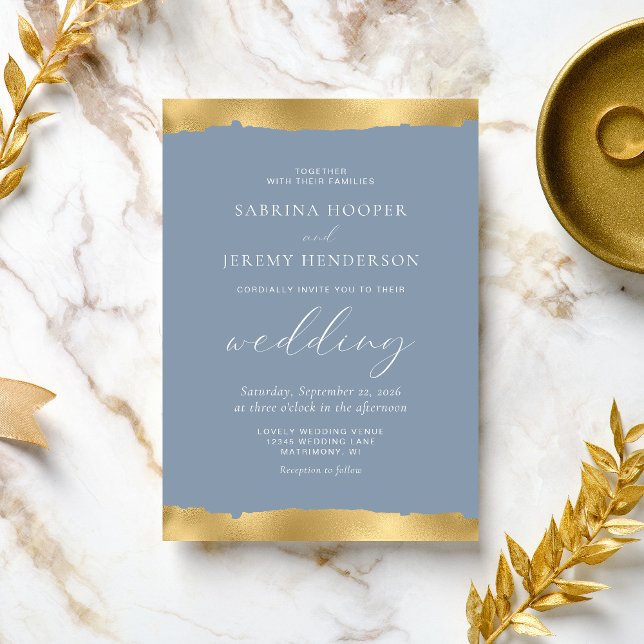 Invitation Mariage Bleu Poussiéreux Bord Déchiré Or Élégant (Créateur téléchargé)