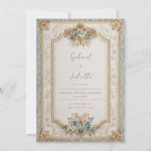 Invitation Mariage Bleu Poussiéreux Brocart Doré Victorien Ro