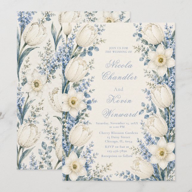 Invitation Mariage Bleu Poussiéreux et Blanc (Devant / Derrière)