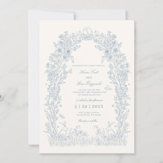 Invitation Mariage Bleu Poussiéreux Jardin Fête Cottagecore