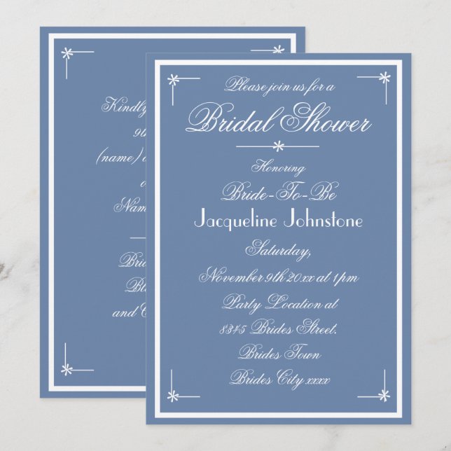 Invitation Mariage Bleu Poussiéreux Robe de Mariée Blanche éc (Devant / Derrière)