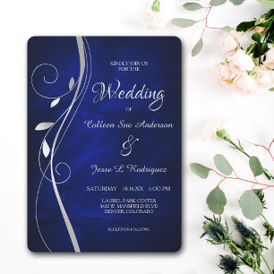 Invitation Mariage bleu profond à la feuille d'argent