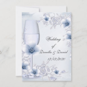 Invitation Mariage Bleu roses argentées fleurissent