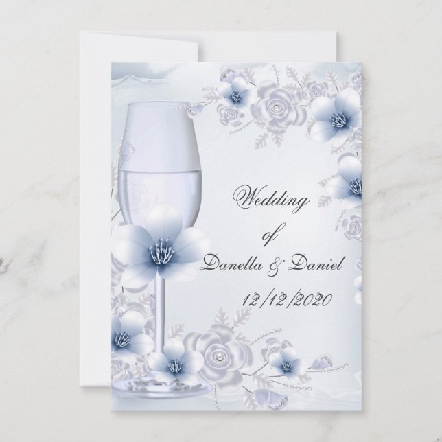 Invitation Mariage Bleu roses argentées fleurissent (Devant)