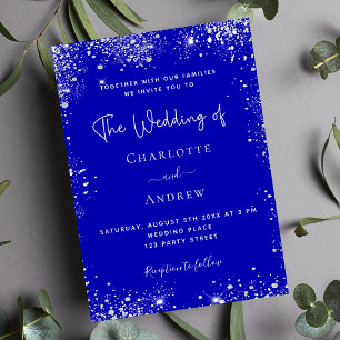 Invitation Mariage bleu royal paillettes argent QR code RSVP