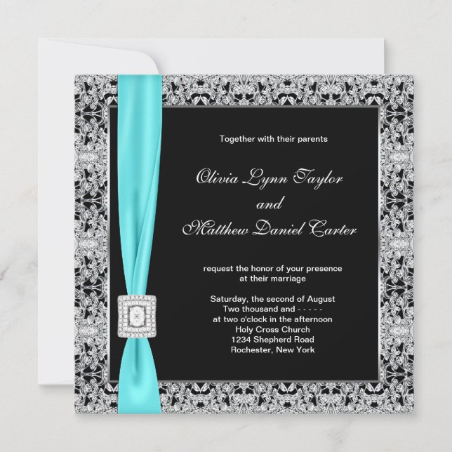 Invitation Mariage Bleu sarcelle Noir et Argent (Devant)