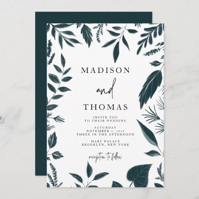 Invitation Mariage bleu Turquoise botanique moderne (Devant / Derrière)