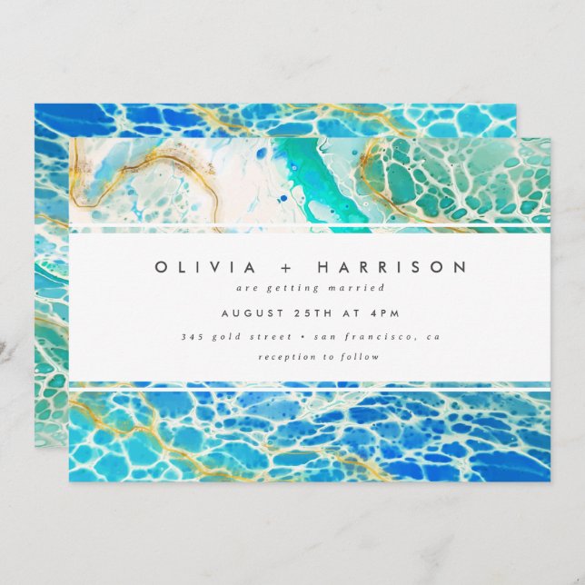 Invitation Mariage bleu turquoise moderne Ocean Waves (Devant / Derrière)