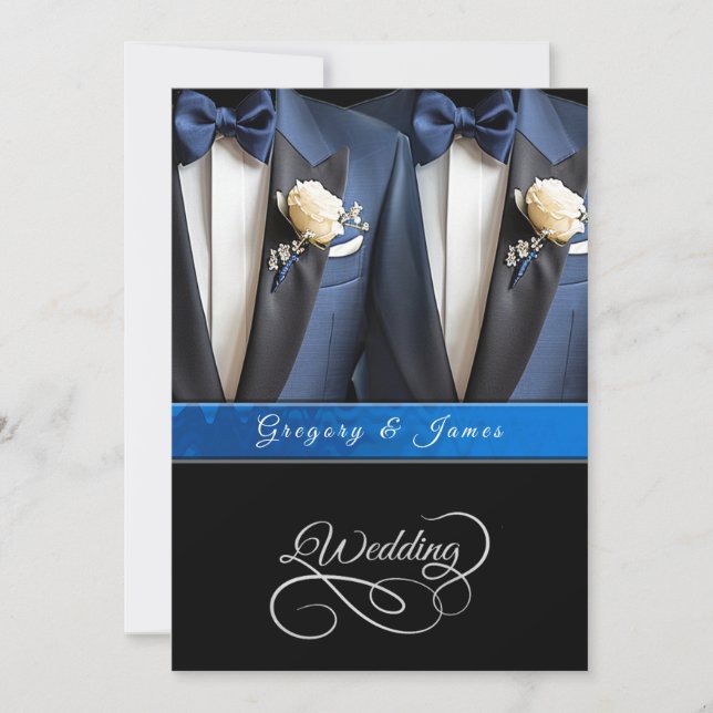 Invitation Mariage Bleu Tuxedos Roses Blancs (Devant)