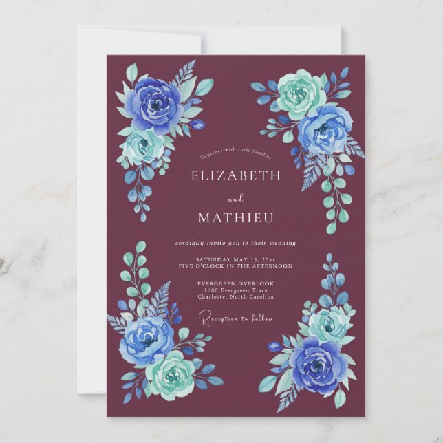 Invitation Mariage Bleu Verdoyant Éthéré (Devant)