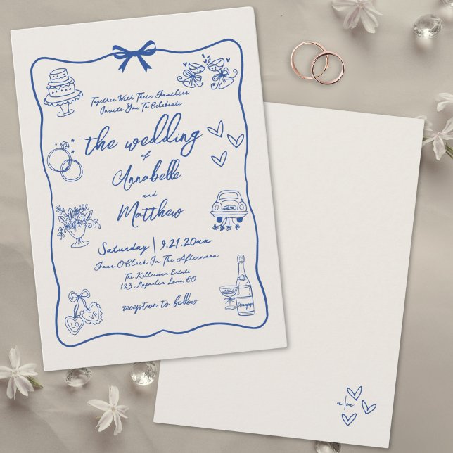 Invitation Mariage bleu Vintage à main dessiné (Hand Drawn Whimsical Vintage Blue Wedding Invitation)