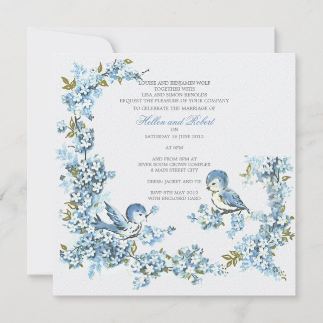 Invitation Mariage bleu vintage d'hiver d'oiseaux (Devant)
