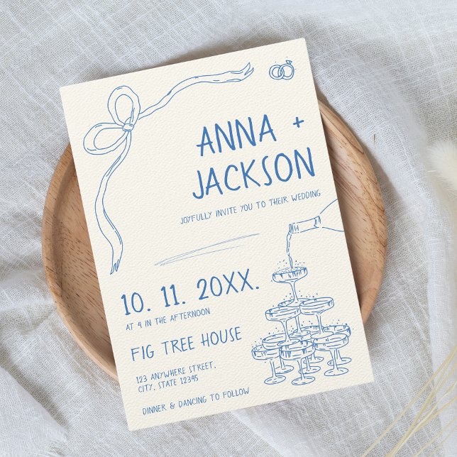 Invitation Mariage bleu Vintage illustré à la main (Vintage French Hand-illustrated wedding invitation with blue tones)