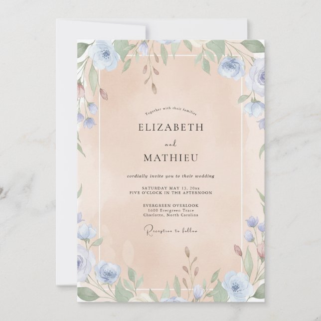 Invitation Mariage Bleuet Abricot Feuillage Eucalyptus (Devant)