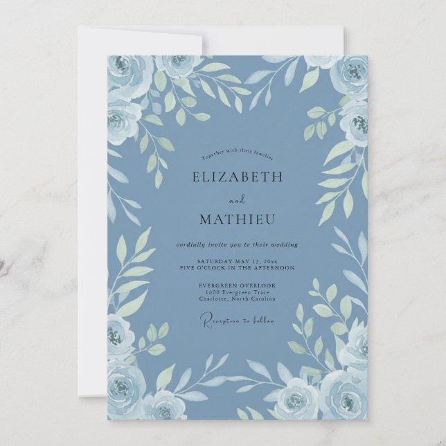 Invitation Mariage Bleuet Azur Feuille (Devant)