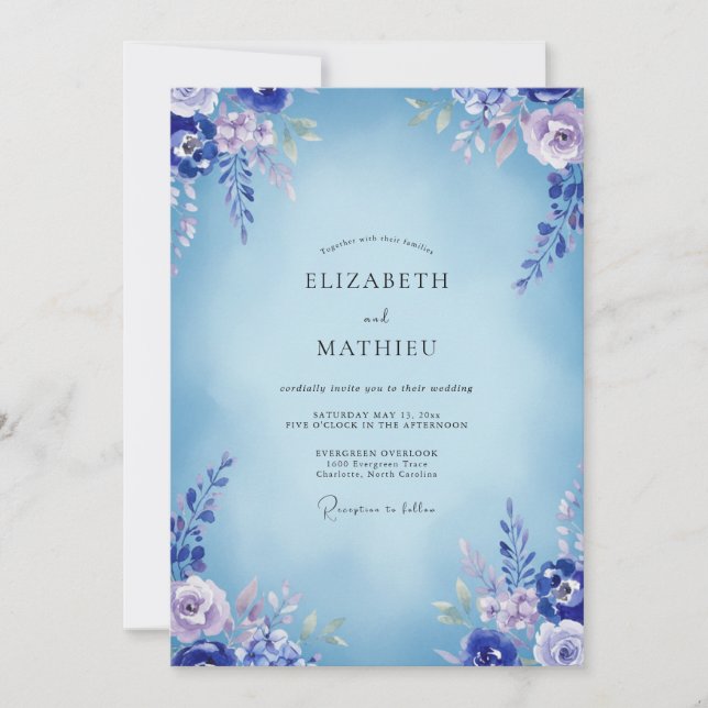 Invitation Mariage Bleuet Hydrangea Eucalyptus Gris (Devant)