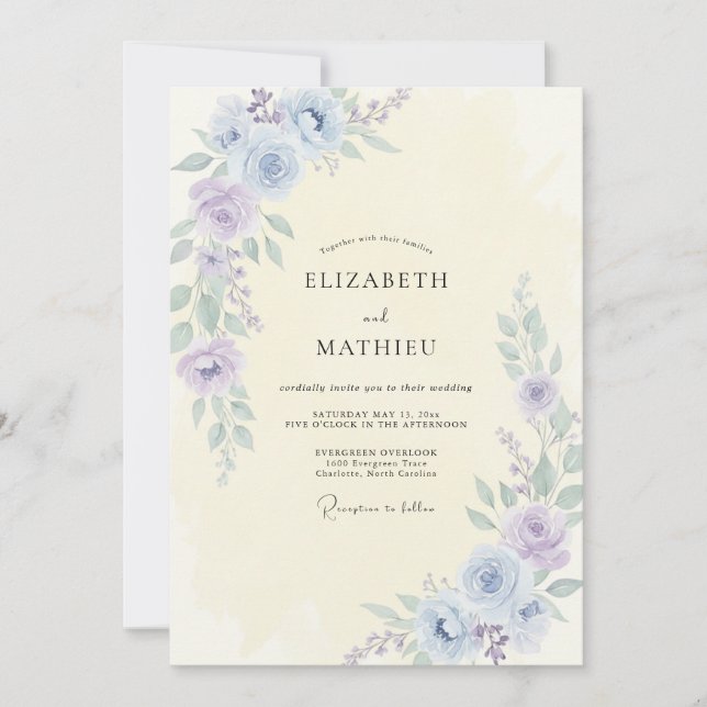 Invitation Mariage Bleuet Pervenche Pivoine (Devant)