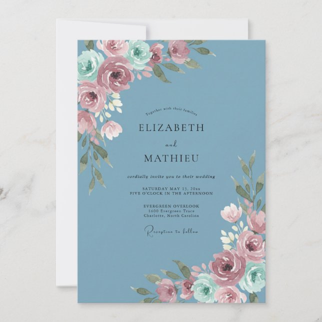 Invitation Mariage Bleuet Poussière Rose Eucalyptus (Devant)