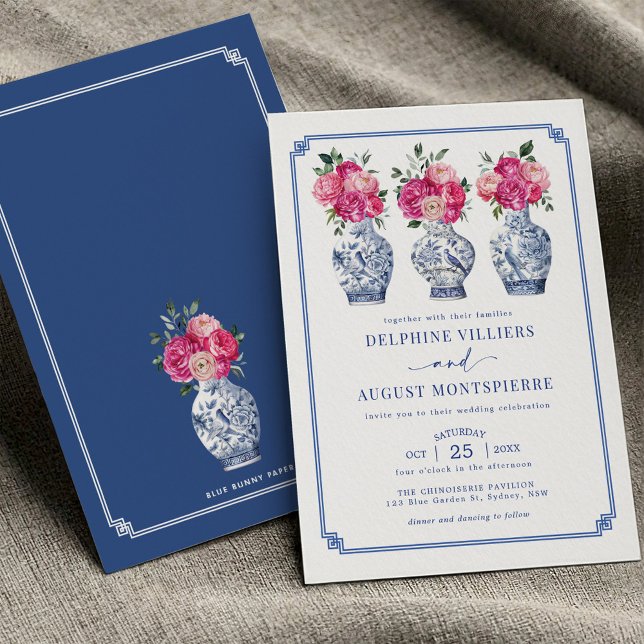 Invitation Mariage Blue Chinoiserie Porcelain Pink Peonies (Créateur téléchargé)