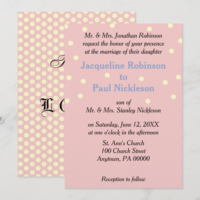 Invitation Mariage Blue Crème pois Roses (Devant / Derrière)