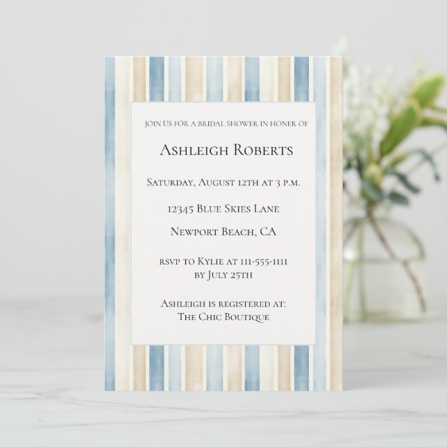 Invitation Mariage Blue Crème Rayures Shower de Mariée (Debout devant)