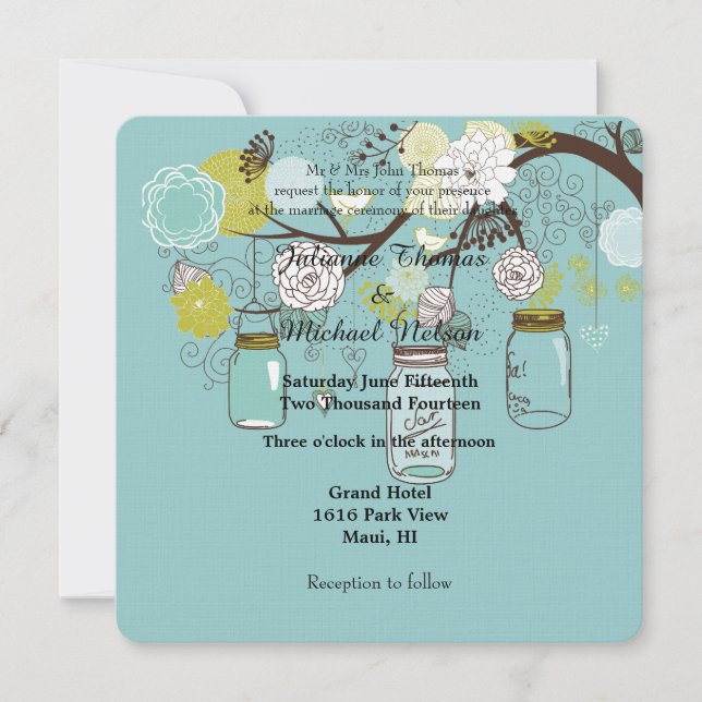 Invitation Mariage Blue Floral Mason Jars (Devant)