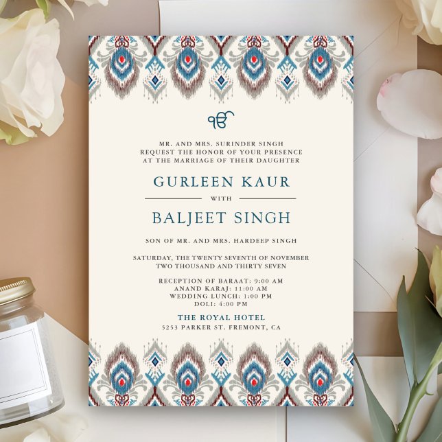 Invitation Mariage Blue Grey Ikat Anand Karaj Sikh (Front)