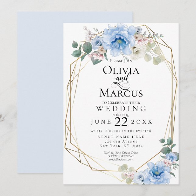 Invitation Mariage | Blue Peony Watercolor Flowers (Devant / Derrière)