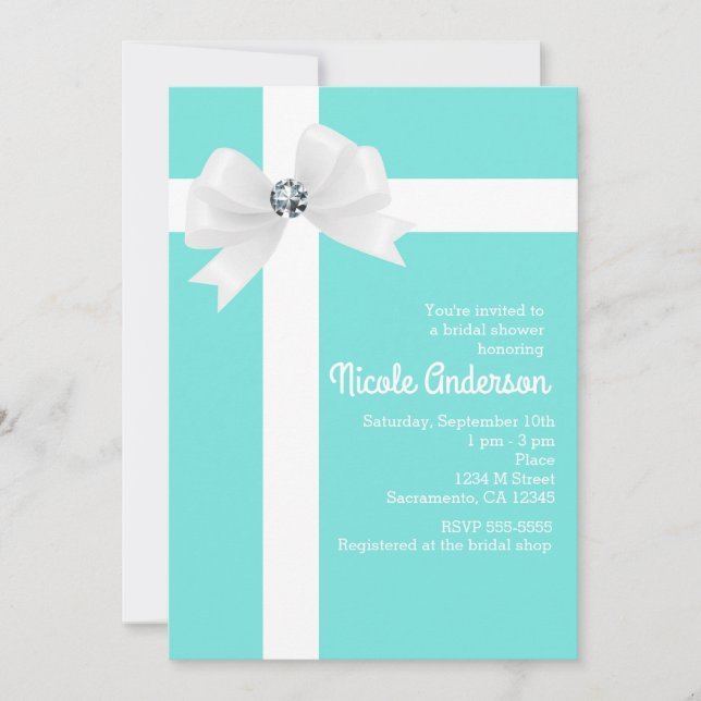 Invitation Mariage Blue sarcelle Ruban blanc & Diamant (Devant)