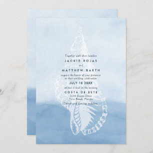 Invitation Mariage Blue Watercolor Beach Seashell