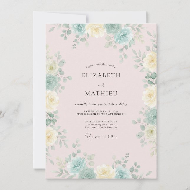 Invitation Mariage Blush Aqua Pivoine (Devant)