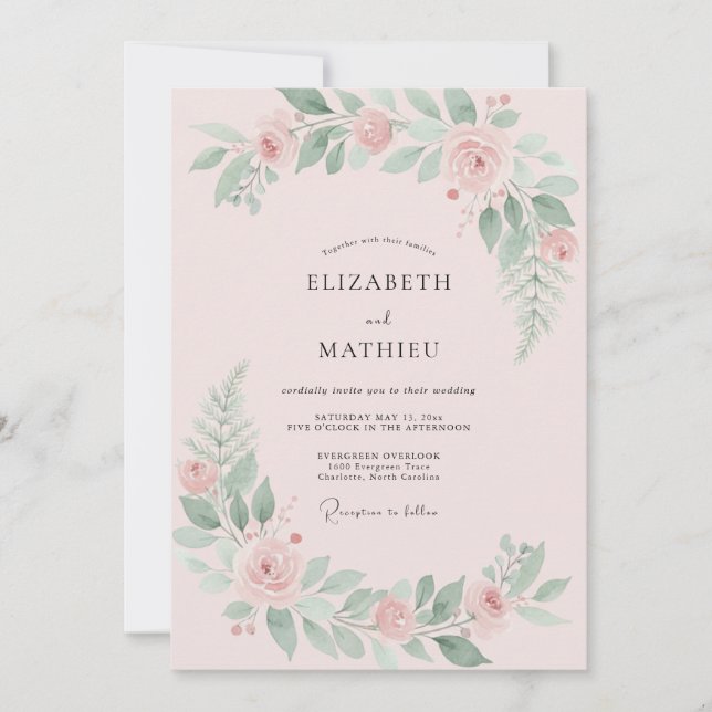 Invitation Mariage Blush Menthe Pivoine (Devant)