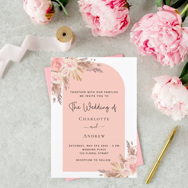Invitation Mariage blush pampas herbe rose or boho (Créateur téléchargé)