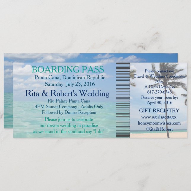 Invitation Mariage Boarding Pass Ticket Beach Destination (Devant / Derrière)