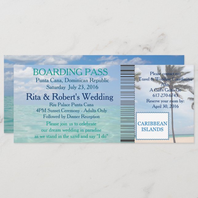 Invitation Mariage Boarding Pass Ticket Beach Destination (Devant / Derrière)