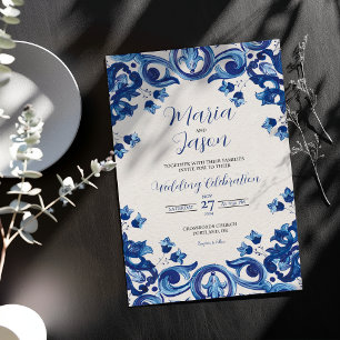 Invitation Mariage Boda Floral Talavera Majolique Bleu Mexica