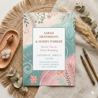 Invitation Mariage Bohème Abstrait Floral Turquoise