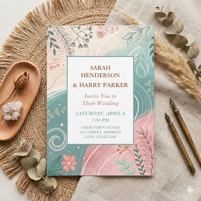 Invitation Mariage Bohème Abstrait Floral Turquoise (Créateur téléchargé)