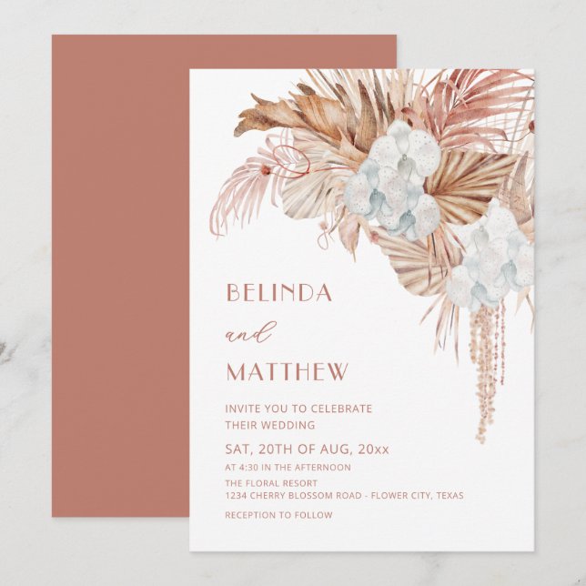 Invitation Mariage Bohème Aquarelle Fleurs (Devant / Derrière)