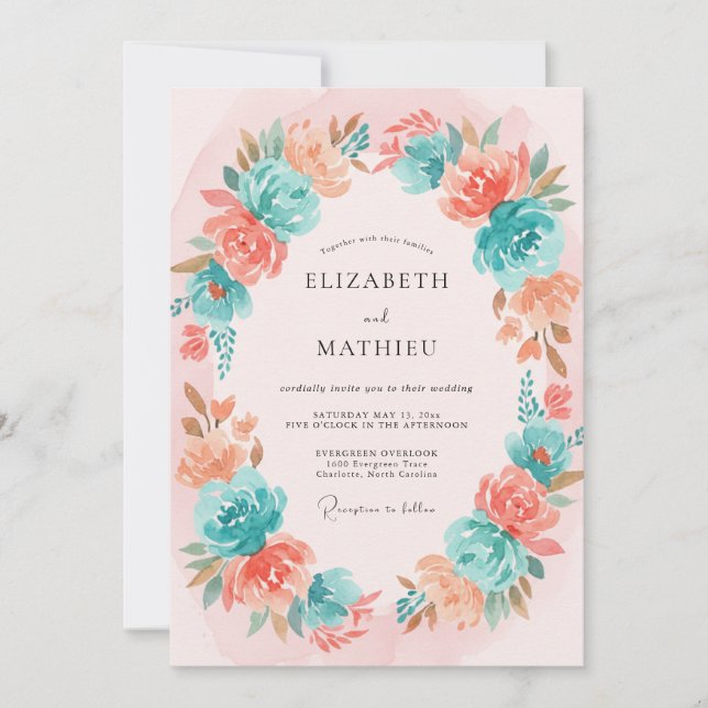 Invitation Mariage Bohème Aquarelle Turquoise Rosé (Devant)