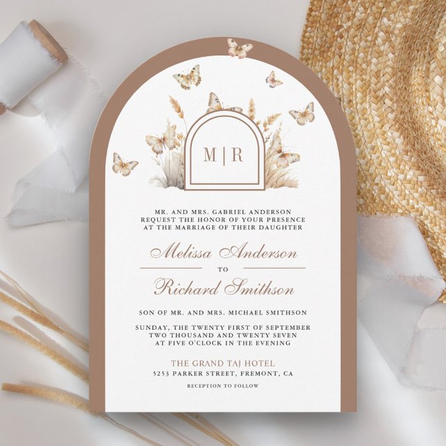Invitation Mariage Bohème Archée Fleur Sauvage Papillon Beige (Créateur téléchargé)
