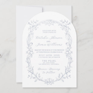 Invitation Mariage Bohème Arqué Photo Floral Bleu Poussiéreux