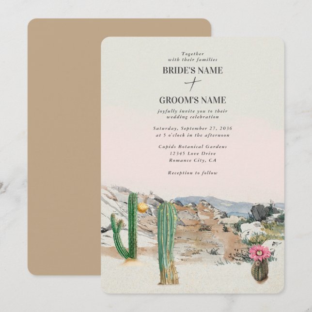 Invitation Mariage bohème au cactus du désert à l'aquarelle (Devant / Derrière)