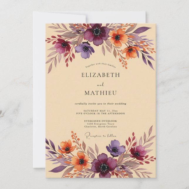 Invitation Mariage Bohème Automnal aux Tons de Prune (Devant)