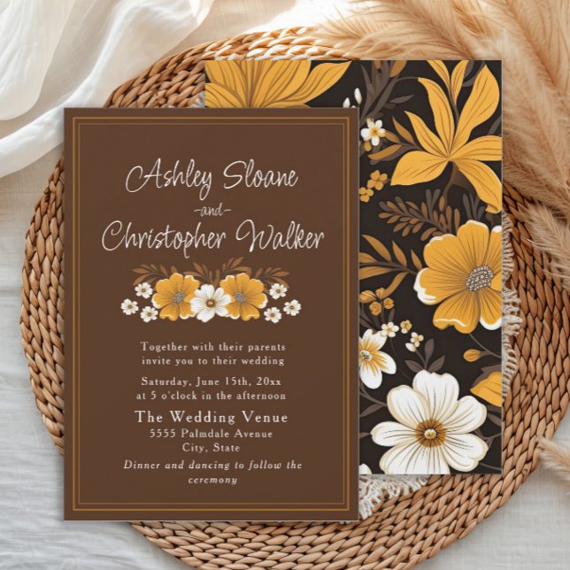 Invitation Mariage Bohème Automne Brun Doré Floral (Brown and yellow floral wedding invitation)