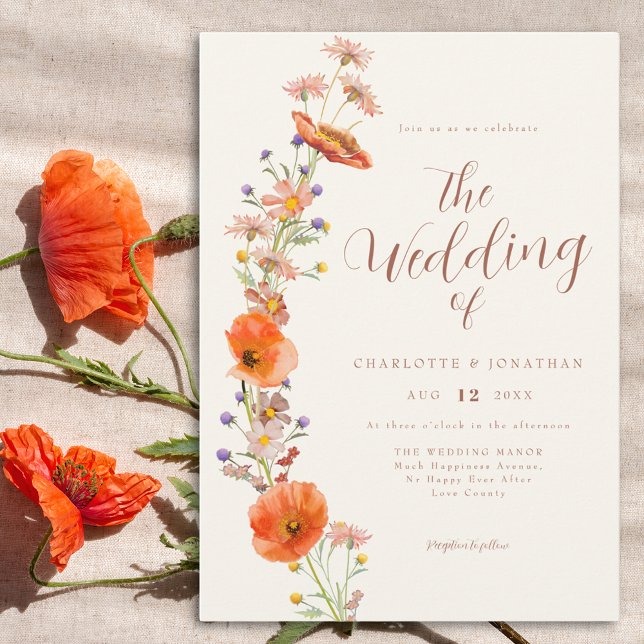 Invitation Mariage Bohème aux Fleurs Sauvages (Elegant watercolor floral orange wedding invitation)