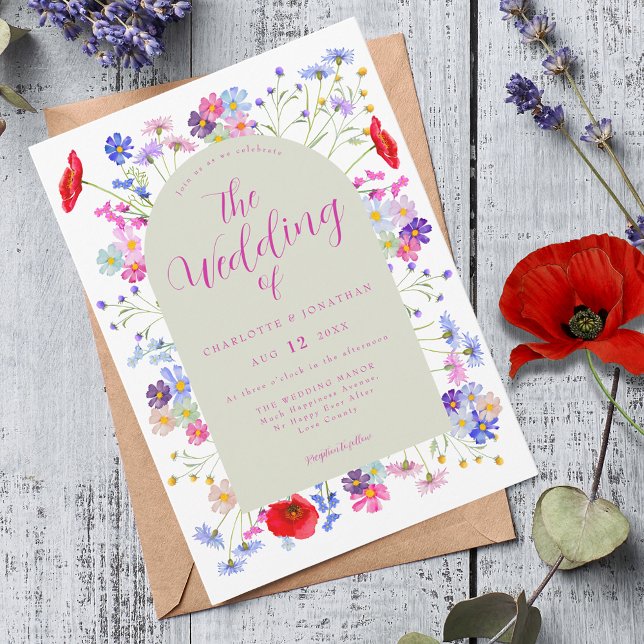 Invitation Mariage Bohème aux Fleurs Sauvages (Colorful wildflower boho chic pink script wedding invitation )