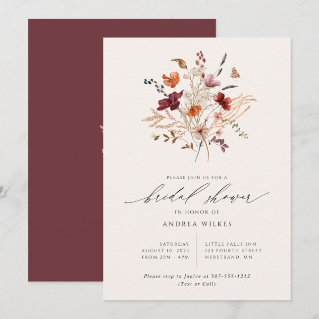 Invitation Mariage bohème aux fleurs sauvages d'automne (Devant / Derrière)