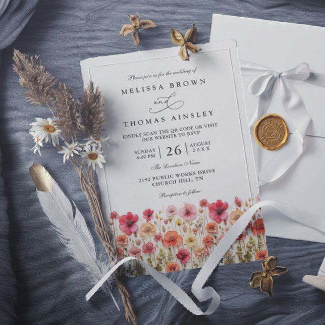 Invitation Mariage bohème aux fleurs sauvages et code QR rose (Créateur téléchargé)